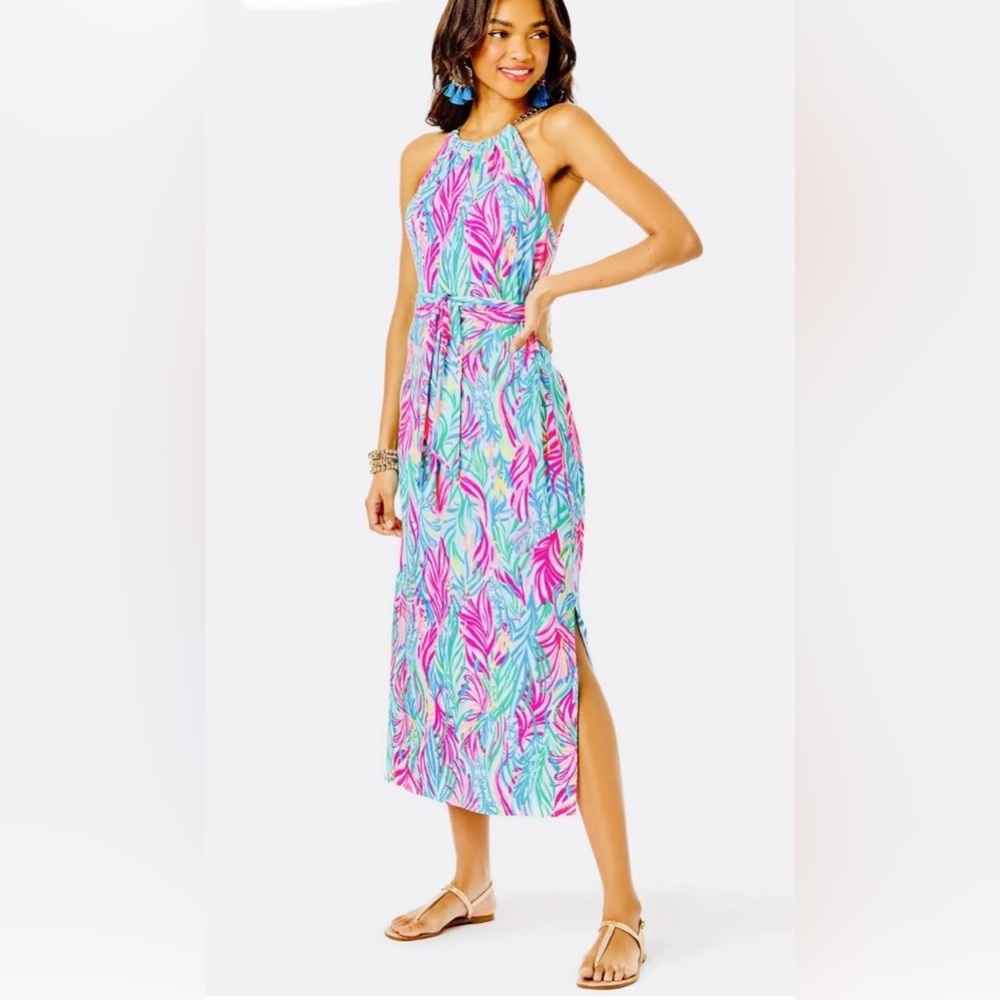 Lilly Pulitzer Women’s Bingham Halter w/Chain Multi Sea Turtle Soiree Midi Dress